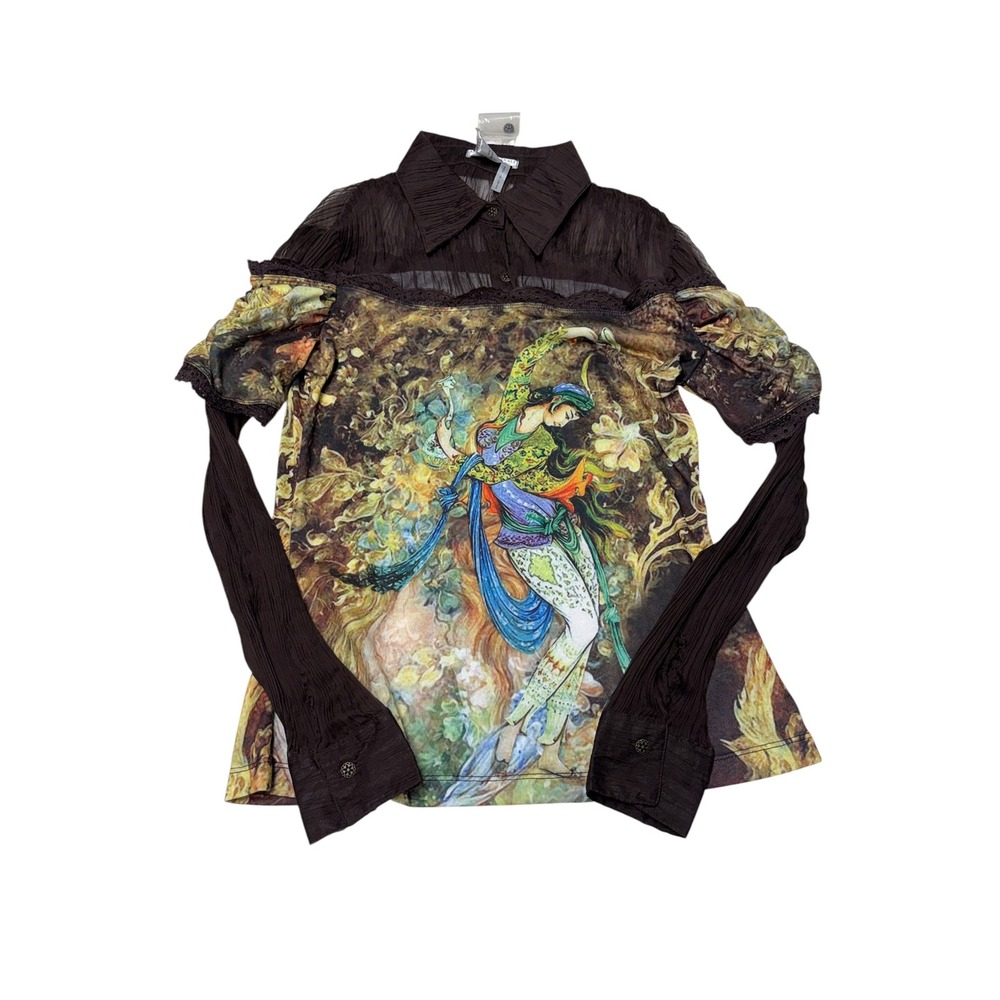 NWT Alberto Makali Silk Graphic Print Cold Shoulder Top Brown Multi Womens Small